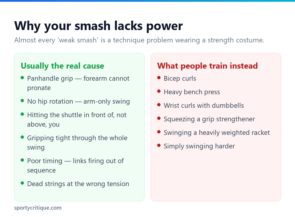 Comparison of the real causes of a weak badminton smash versus the training people mistakenly do