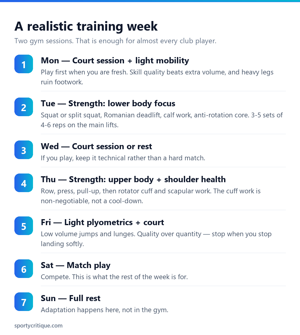 A weekly badminton strength training schedule balancing court sessions and gym work