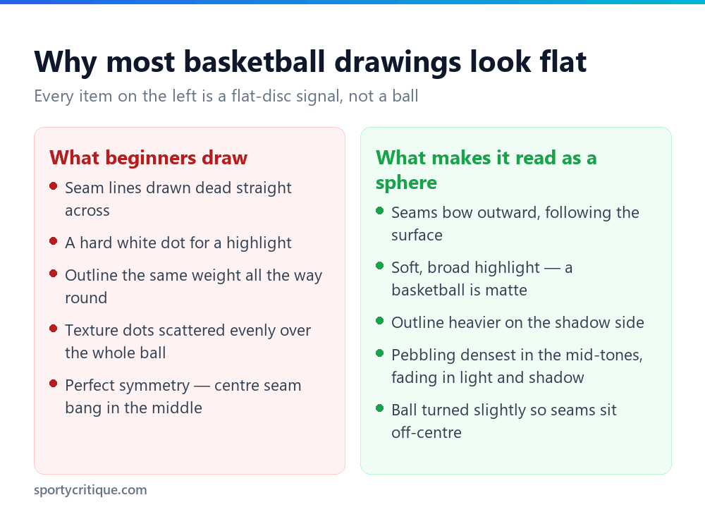 Comparison of common basketball drawing mistakes versus techniques that make it look spherical