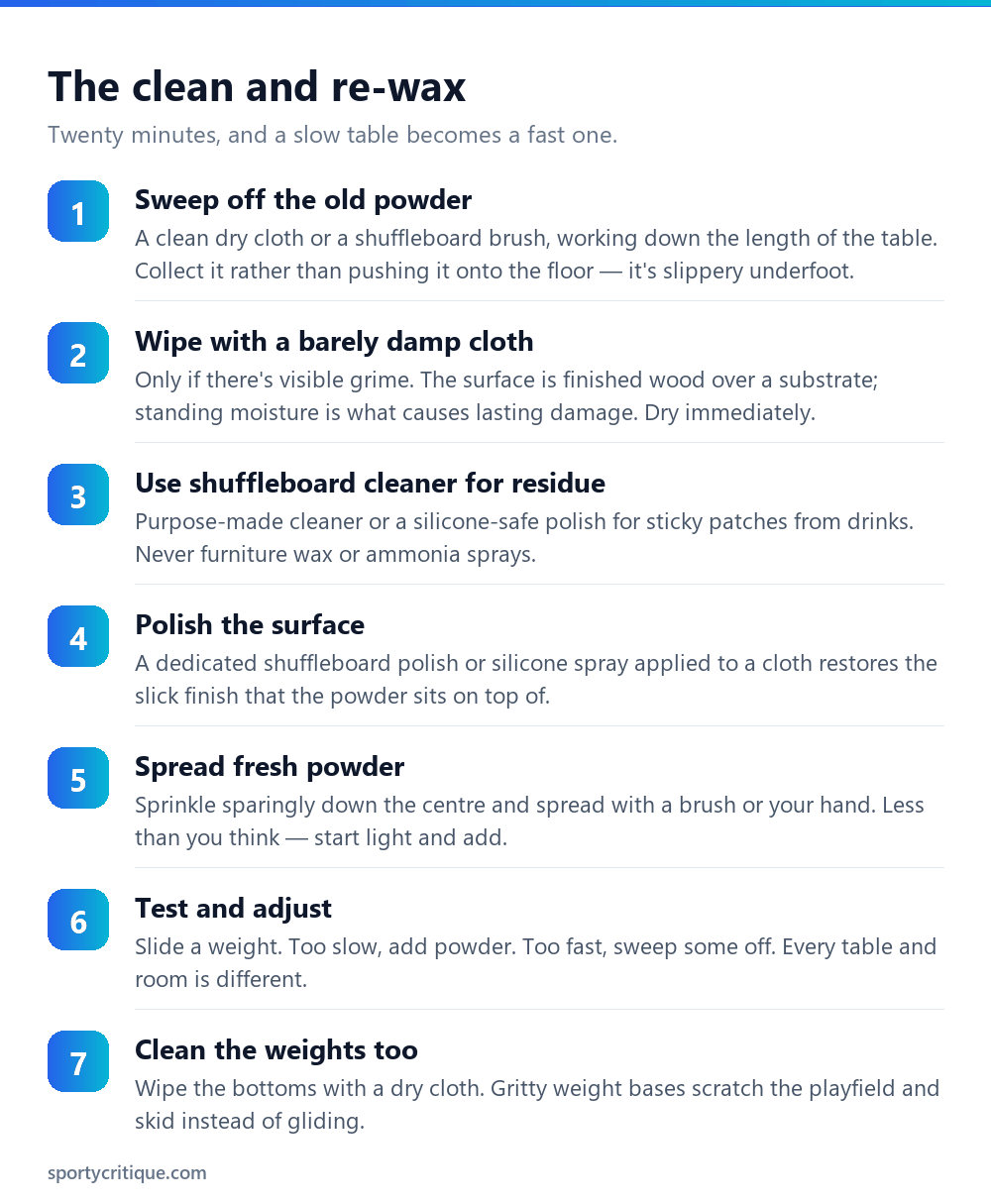 Seven step process for cleaning and re-waxing a shuffleboard table