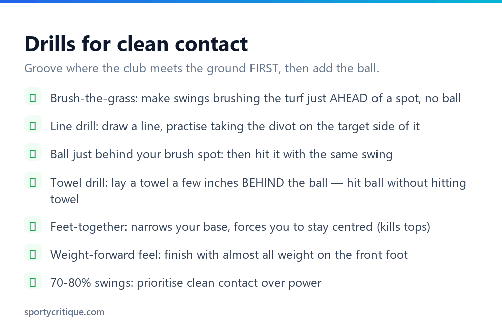 Drills for clean golf ball contact: brush the grass, line drill, towel drill and feet together