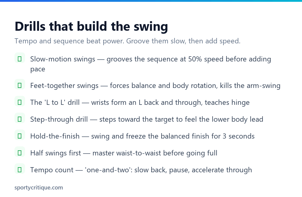 Drills to build a better golf swing: slow-motion, feet-together, L-to-L and tempo