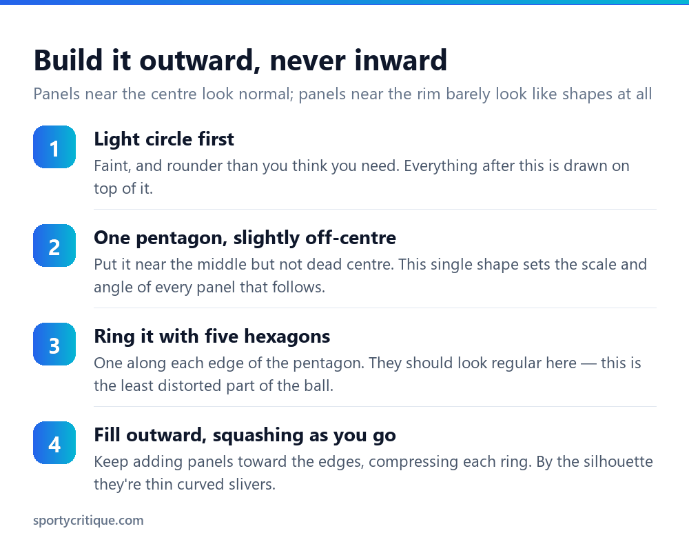 Four steps to draw a soccer ball: circle, first pentagon, ring of hexagons, then fill outward