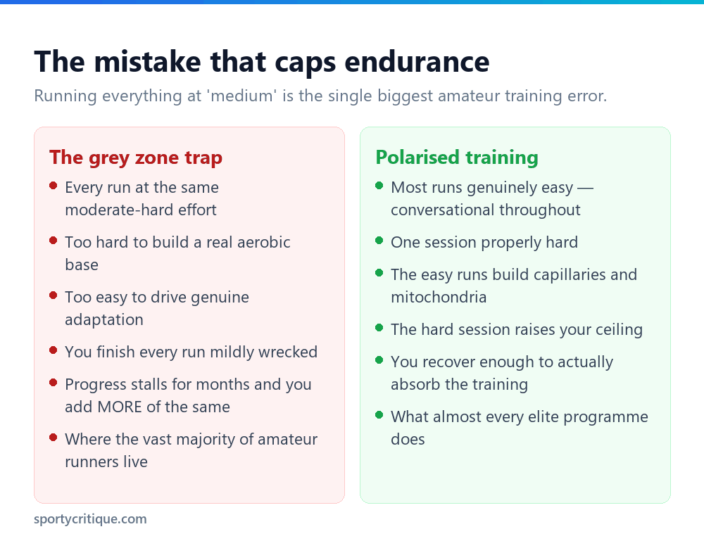 Comparison of grey zone training versus polarised 80/20 running training