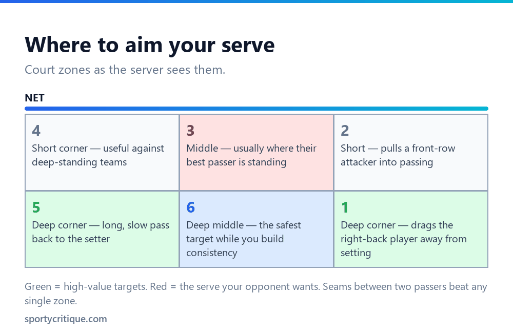 Volleyball court diagram showing the six serving zones and the best serve targets