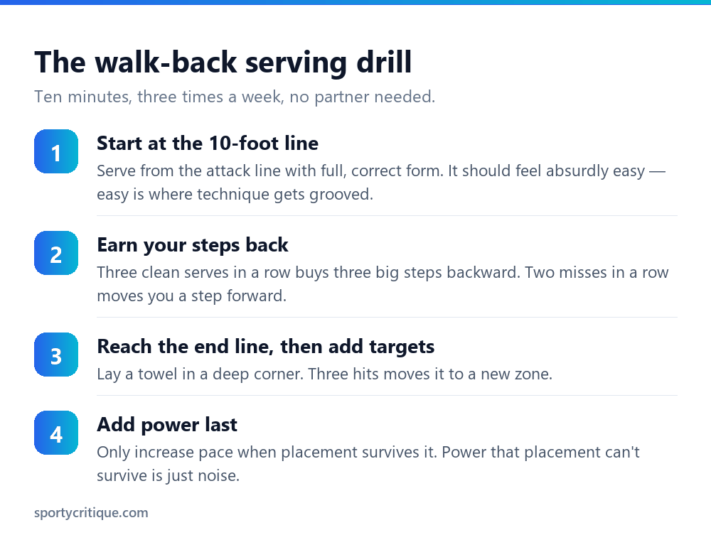 The walk-back volleyball serving drill in four progressive steps