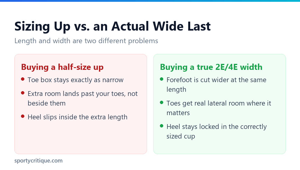 Comparison of sizing up a half size versus buying an actual wide-width basketball shoe