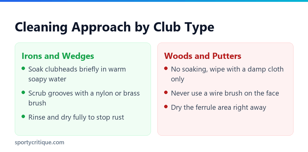 Cleaning approach comparison for irons versus woods and putters