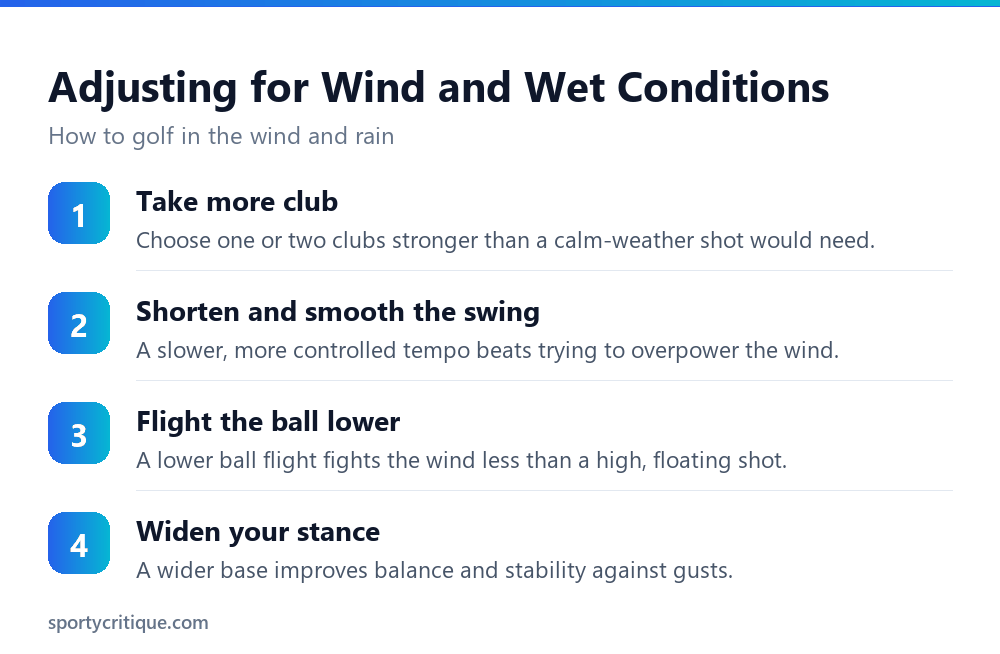 The steps for adjusting a golf swing for wind and rain