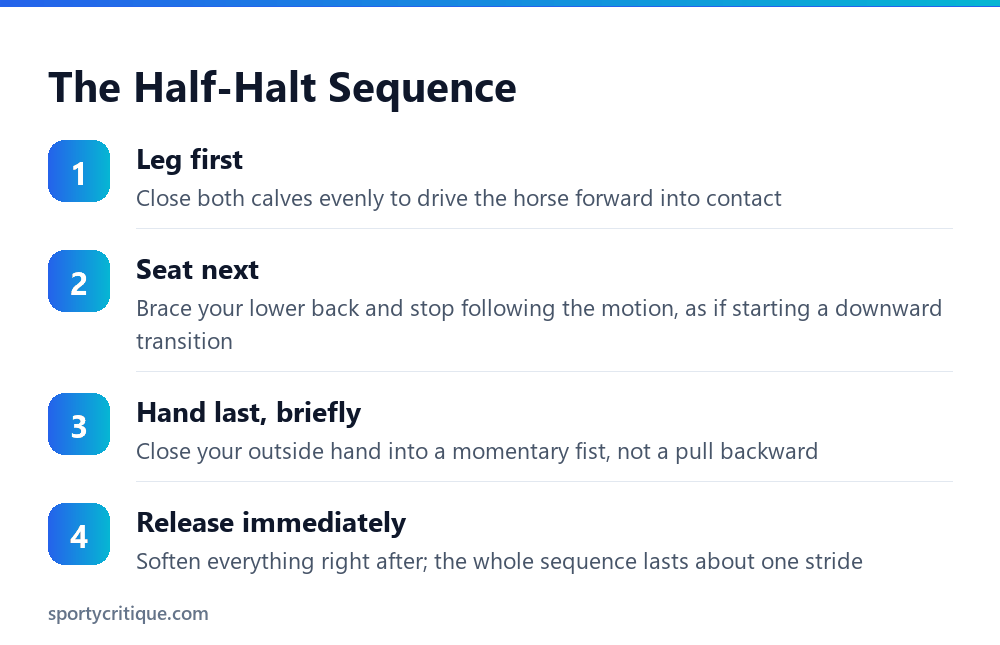 Leg, seat, and hand sequence for performing a half-halt