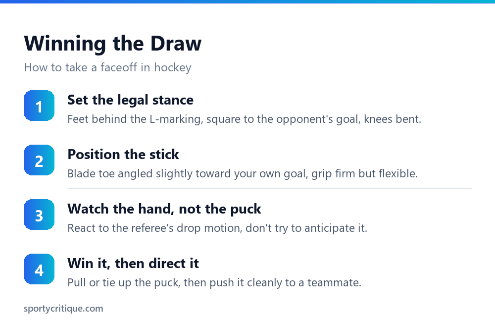 The steps for winning a faceoff in hockey