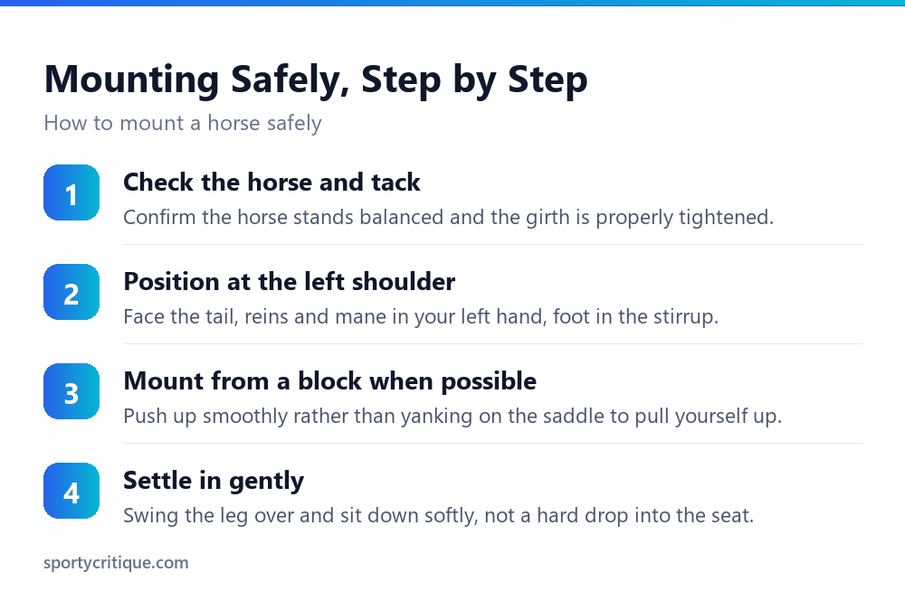 The steps for mounting a horse safely
