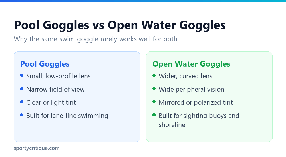 Pool goggles compared to open water swimming goggles side by side