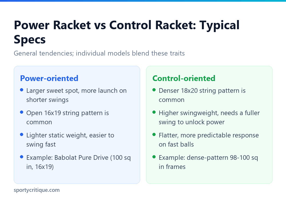 Power-oriented versus control-oriented tennis racket specs comparison