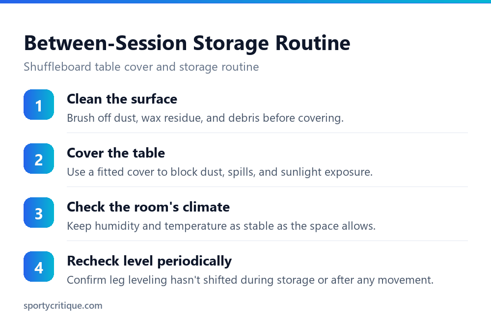 The routine for storing a shuffleboard table between sessions