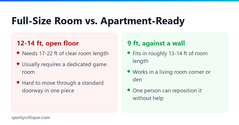 Full-size shuffleboard room versus an apartment-ready 9-foot setup