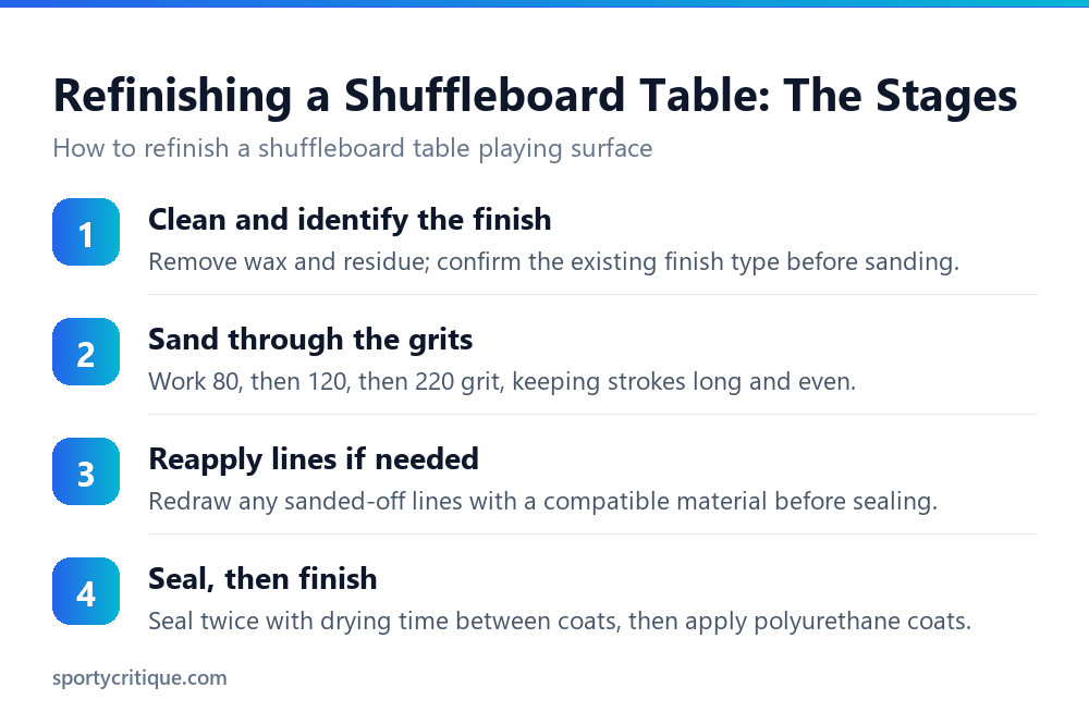 The stages of refinishing a shuffleboard table playing surface