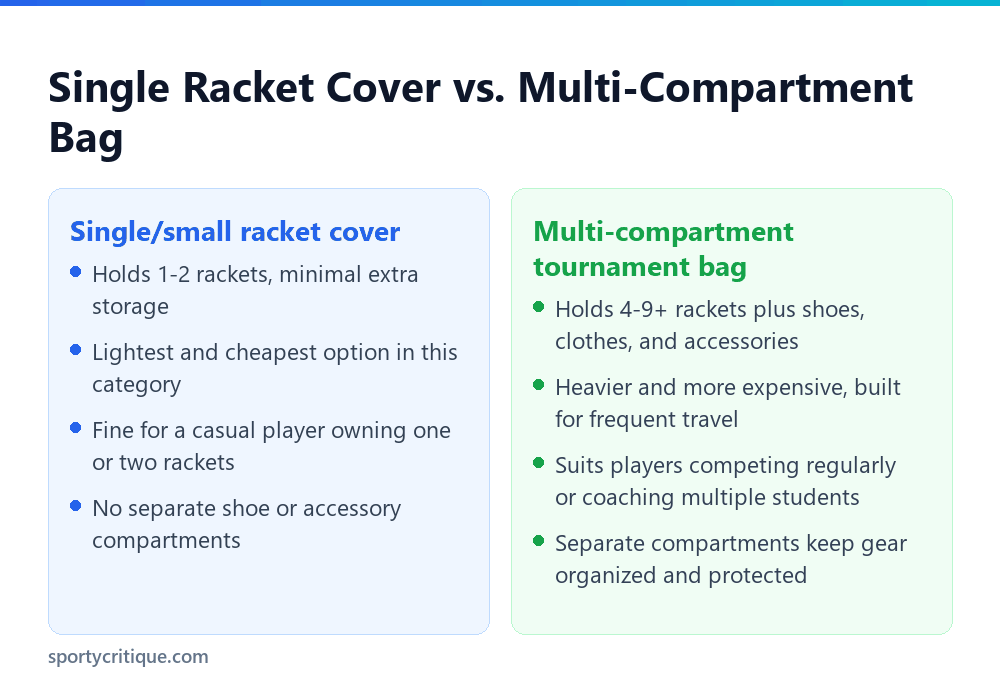 Comparison of a single racket cover and a multi-compartment badminton bag