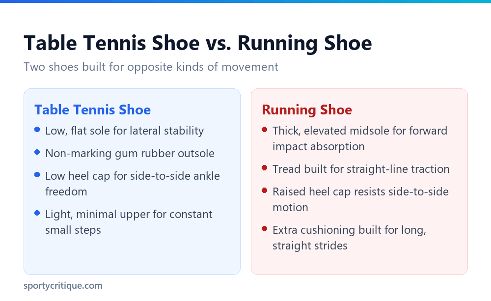 Feature comparison of a table tennis shoe against a running shoe