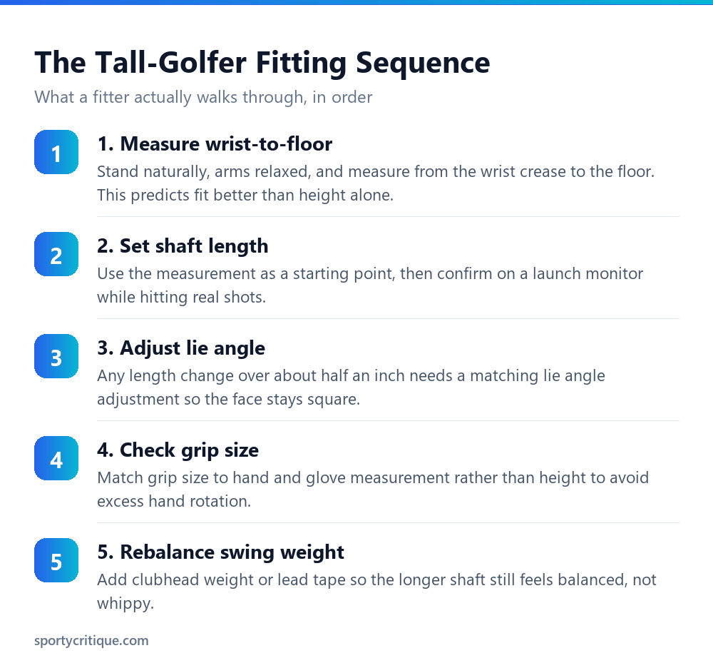 Golf club fitting sequence for tall players, from wrist-to-floor measurement to swing weight