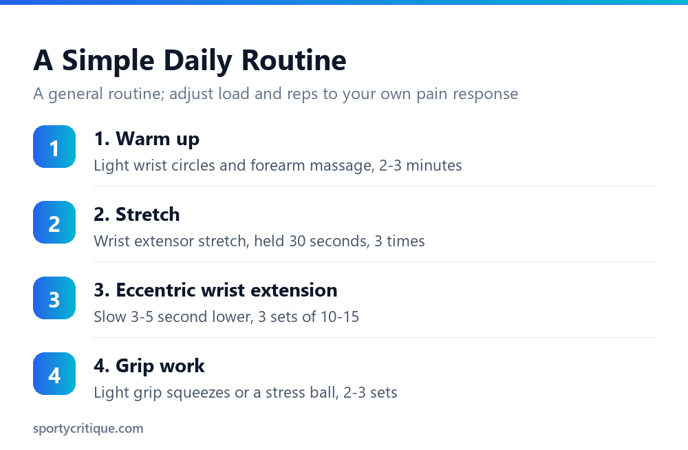 Daily stretching and eccentric strengthening routine for tennis elbow