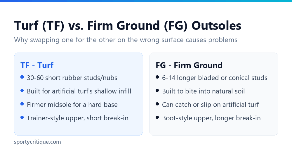 Comparison of turf TF outsole versus firm ground FG outsole studs