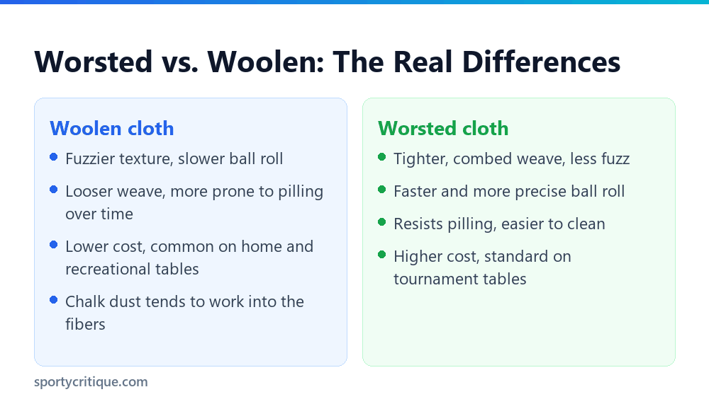 Comparison of worsted and woolen pool table cloth characteristics