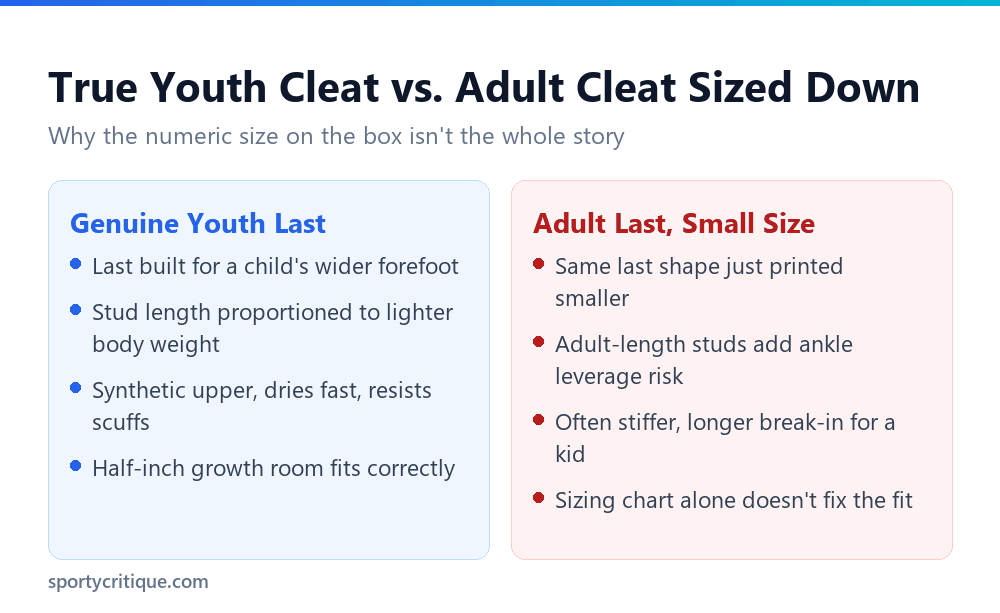 Comparison of a genuine youth soccer cleat last versus an adult cleat sized down